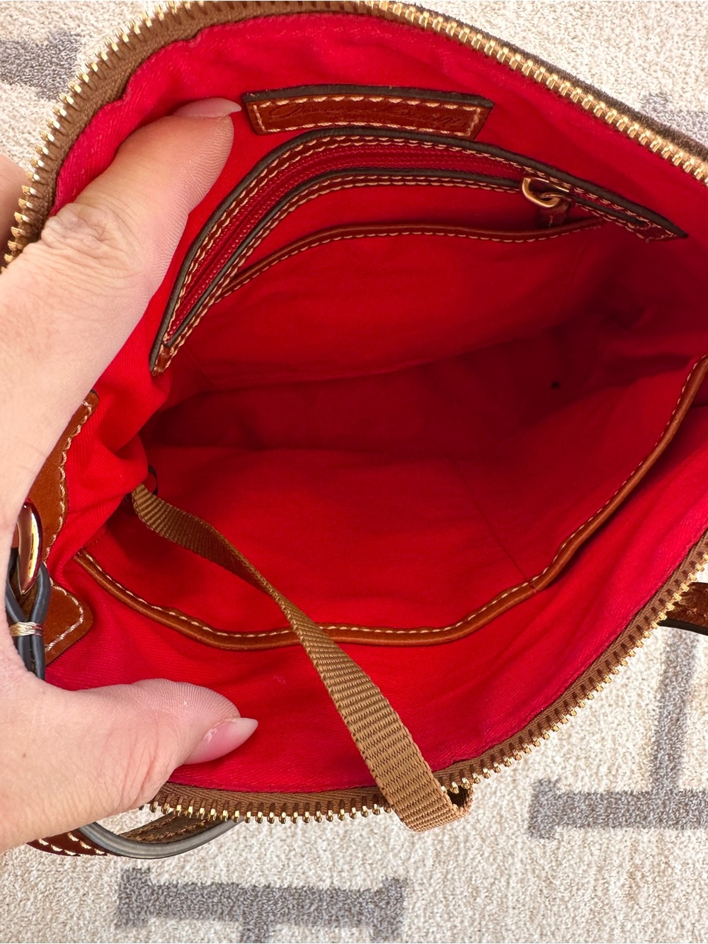 Dooney & Bourke Dark Brown Suede Crossbody Bag with Tan Trim - Picture 10 of 15
